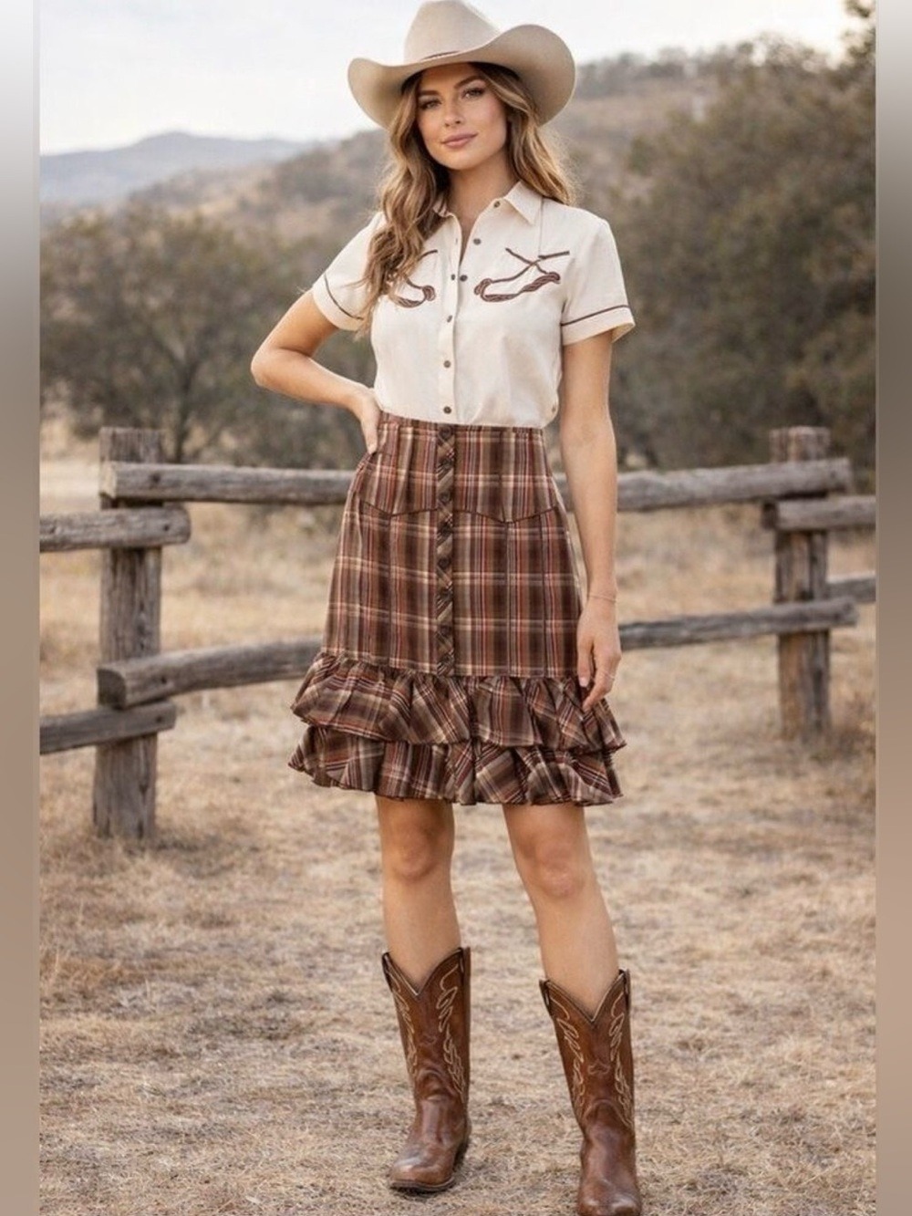 Brown Plaid Western Skirt Size 4 Cowgirl Ruffle hem lined skirt